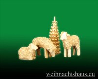 Seiffen Weihnachtshaus - Schaf aus Holz geschnitzt Erzgebirge Familie 3teilig mit Baum - Bild 1